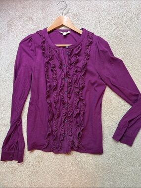 Purple Boden Ruffle Front Button-Up Top
